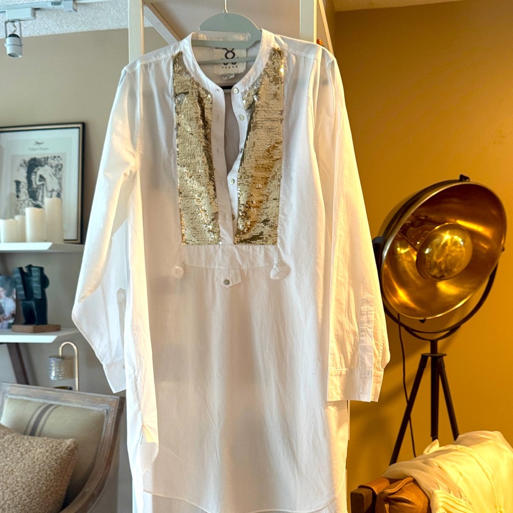 FIGUE White Tunic with Gold Sequin Detail